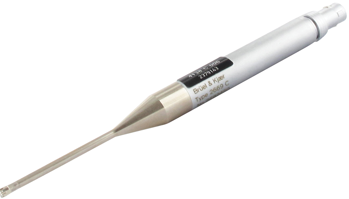 Type 4138-C-006 1/8-inch pressure-field microphone with Type 2669 preamplifier, 6 Hz to 140 kHz, 200 V polarization
