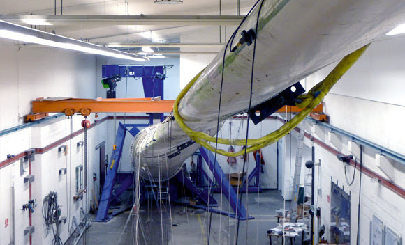  A 34 metre wind turbine blade in the test facility at DTU’s Wind Energy department’s test facilities, Roskilde.
