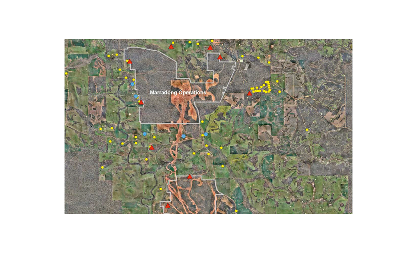 Worsley mining operations showing locations of noise monitors and near neighbours