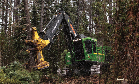 A forestry machine may use a transversely mounted engine