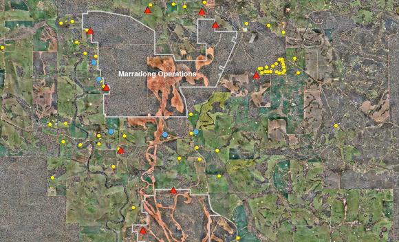 Worsley mining operations showing locations of noise monitors and near neighbours