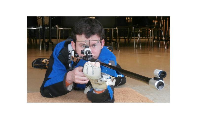 Engineering student Raphaël Chevalier demonstrates shooting in prone position
