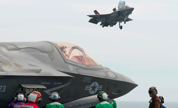 Crew aboard the USS Wasp prepare an F-35B test aircraft